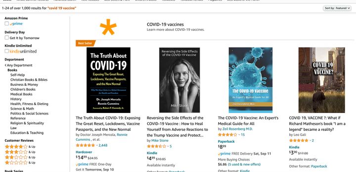 A Thursday-morning screenshot showing top Amazon search results for "covid 19 vaccine."