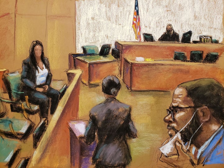 "Sonja" (Jane Doe 3) is questioned by prosecutor Maria Melendez as she testifies during R. Kelly's sex abuse trial at Brooklyn's Federal District Court in a courtroom sketch from Sept. 9.