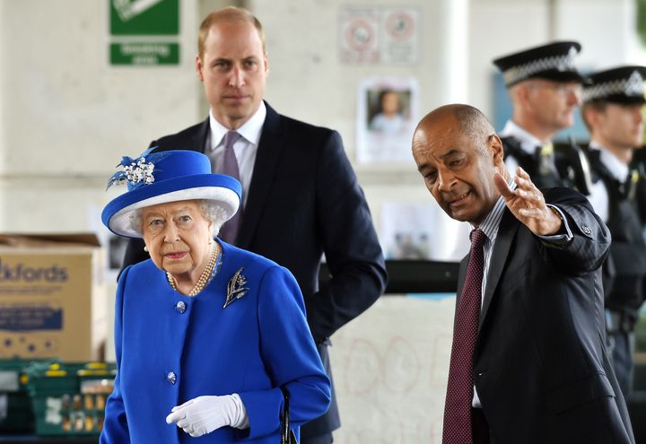 Lord-Lieutenant for London Sir Ken Olisa greets the Queen and the Duke of Cambridge as they meet members of the community affected by the Grenfell Tower fire.
