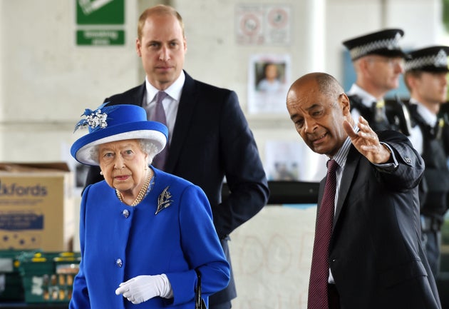 Lord-Lieutenant for London Sir Ken Olisa greets the Queen and the Duke of Cambridge as they meet members...