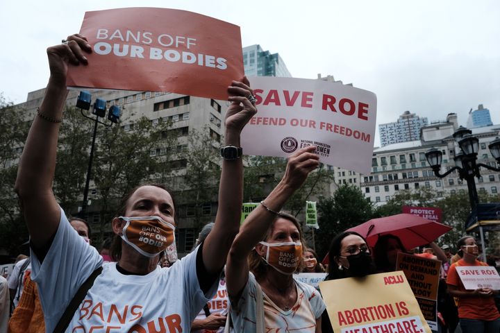 NEW YORK, NEW YORK - SEPTEMBER 09: Supporters of abortion rights participate in a rally to denounce recent restrictions on abortion in the state of Texas on September 09, 2021 in the Brooklyn borough of New York City. On Thursday, the Biden Justice Department announced that it is suing the state of Texas over its new six-week abortion ban, saying the state law is unconstitutional. (Photo by Spencer Platt/Getty Images)