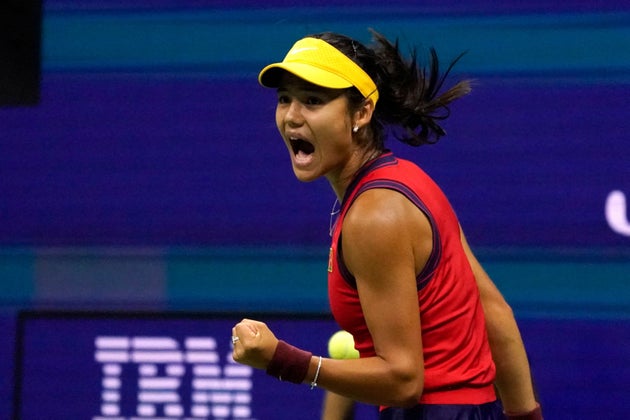 Britain's Emma Raducanu celebrates a point against Greece's Maria Sakkari during their 2021 US Open tennis...
