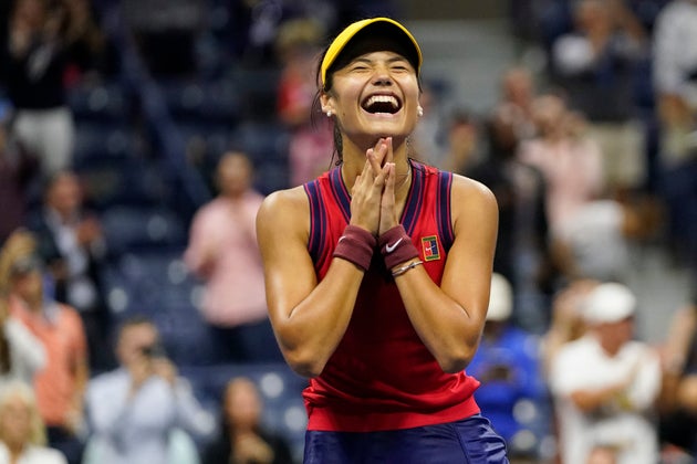 Emma Raducanu, of Great Britain, reacts after defeating Maria Sakkari, of