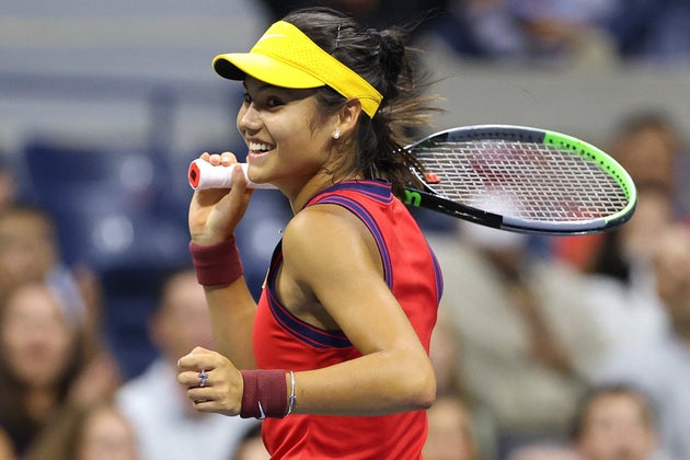 Emma Raducanu of Great Britain celebrates going up 5-0 in the first set against Maria