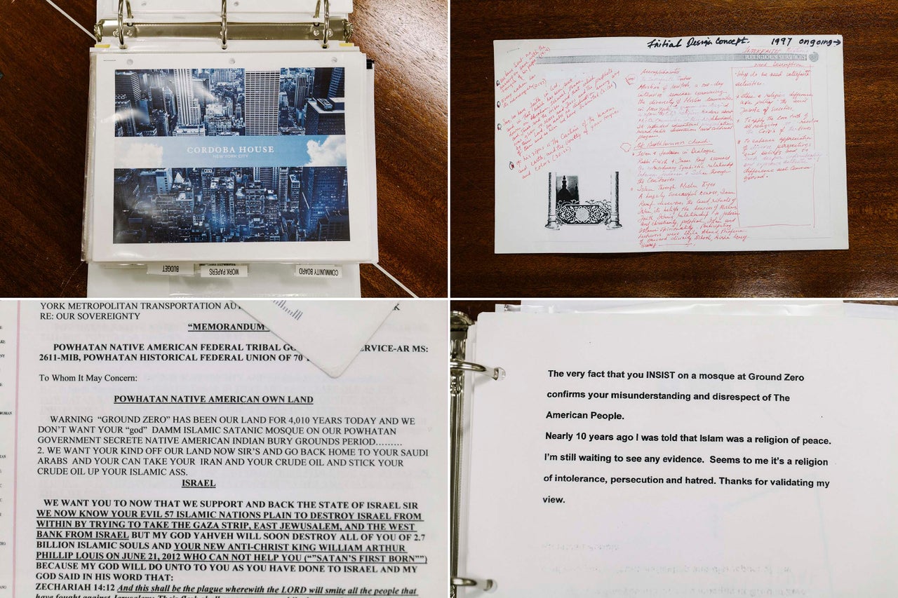 Top left: Early plans for Cordoba House at the office of Daisy Khan. Top right: Initial design concepts from 1997. Bottom left and right: Hate mail from 2010 denouncing the project.