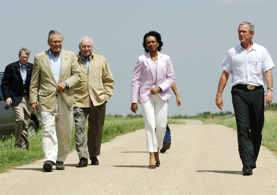 President George W. Bush, right, and his foreign policy team of national security adviser Steve Hadley, Defense Secretary Don