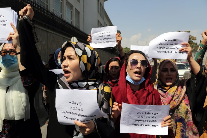 Women gather to demand their rights under the Taliban rule during a protest in Kabul, Afghanistan on Sept. 3.