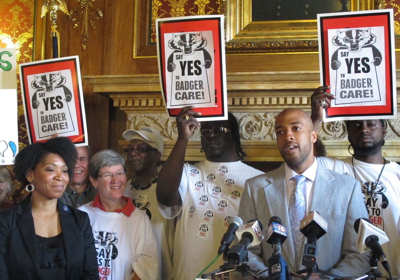 Mandela Barnes speaks in support of Wisconsin expanding Medicaid coverage during a news conference as a state lawmaker in 2013.