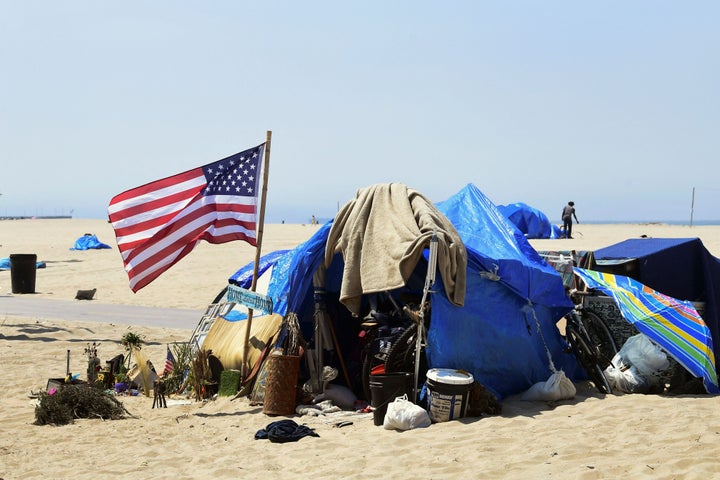 Homelessness in California has risen by 24% since 2018. Public encampments like this one at Venice Beach in Los Angeles have