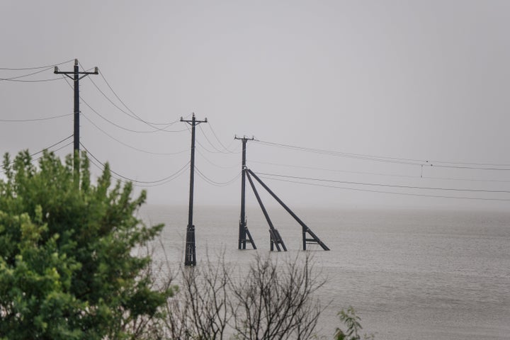 Transmission towers were already underwater ahead of Hurricane Nicholas' arrival in Galveston, Texas on Monday.