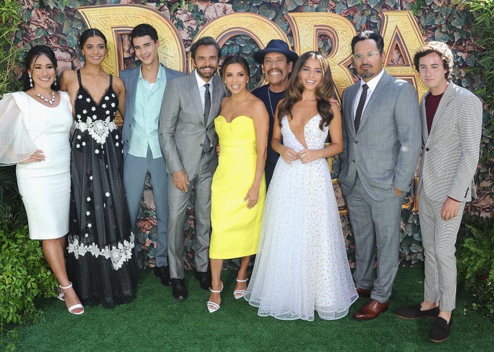 Q'orianka Kilcher, Madeleine Madden, Jeff Wahlberg, Eugenio Derbez, Eva Longoria, Danny Trejo, Isabela Moner, Michael Peña and Nicholas Coombe at the 2019 Los Angeles premiere of "Dora and the Lost City of Gold," the only recent movie to feature five top-billed Hispanic/Latino actors.