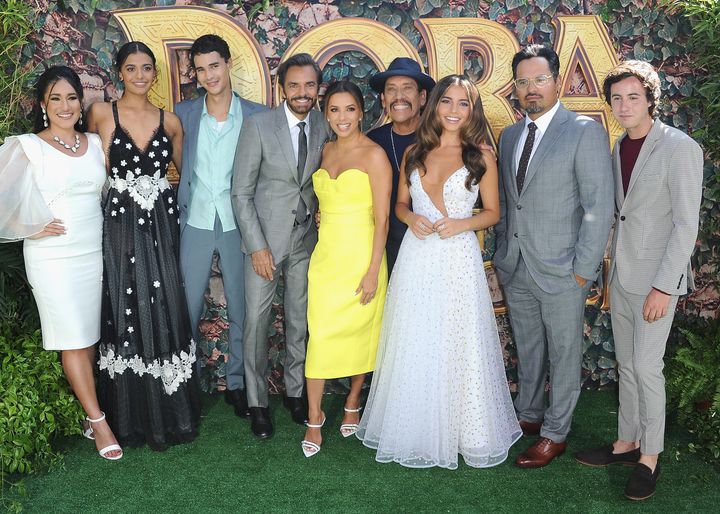 Q'orianka Kilcher, Madeleine Madden, Jeff Wahlberg, Eugenio Derbez, Eva Longoria, Danny Trejo, Isabela Moner, Michael Peña and Nicholas Coombe at the 2019 Los Angeles premiere of "Dora and the Lost City of Gold," the only recent movie to feature five top-billed Hispanic/Latino actors.