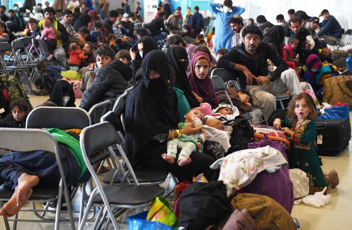 Afghan refugees are seen being processed at Ramstein Air Base in Germany on September 8.