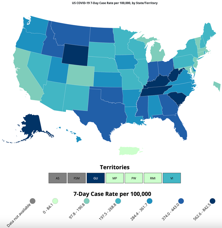 Tennessee, Kentucky, West Virginia and South Carolina, seen in navy blue, have some of the highest seven-day COVID-19 case rates per 100,000 people in the country.