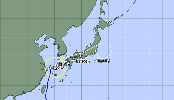 台風の予想進路図（16日12時現在）気象庁の公式サイトより