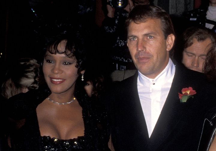 Whitney Houston and Kevin Costner at the premiere for "The Bodyguard" in 1992.