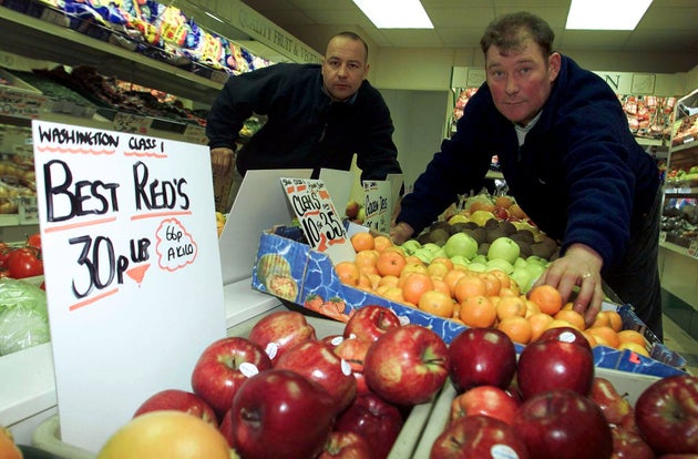 Steve Thoburn (right) with friend Neil Herron at his fruit and veg shop in Sunderland. The 