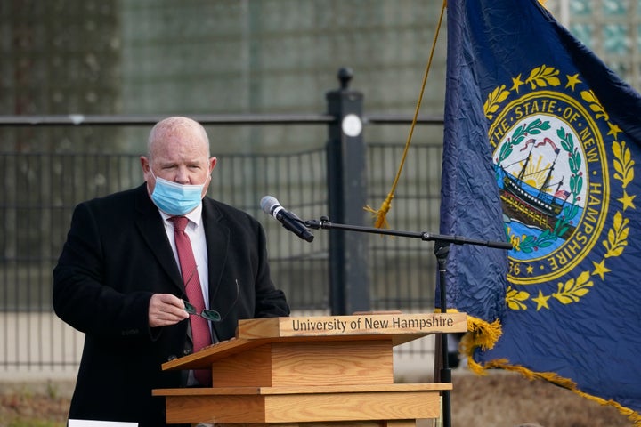 In this Dec. 2, 2020 photo, New Hampshire House Speaker Dick Hinch speaks during an outdoor legislative session. Hinch died on Dec. 9, 2020, just a week after he was sworn in as leader of the state's newly Republican-led Legislature. He was 71. 