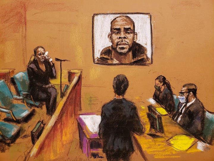 A courtroom sketch shows assistant U.S. Attorney Nadia Shihata questioning Cheryl Mack on Friday. 