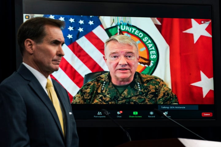 Gen. Frank McKenzie, Commander of U.S. Central Command, appears on screen as he speaks from MacDill Air Force Base, in Tampa,