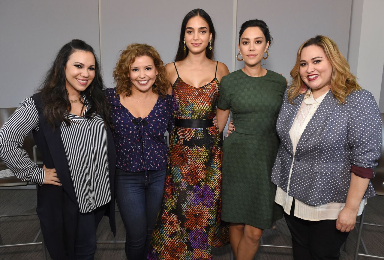 Gloria Calderón Kellett, left, "One Day at a Time" star Justina Machado, "Vida" stars Melissa Barrera and Mishel Prada, and "Vida" showrunner Tanya Saracho at a panel discussion in 2018. 