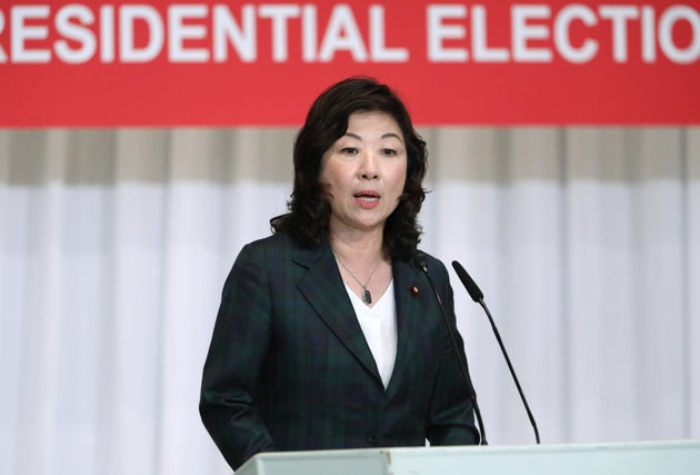 自民党総裁選に立候補し、所見発表演説をする野田聖子幹事長代行=2021年9月17日、東京・永田町の党本部