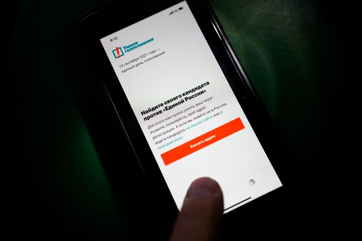 The Smart Voting app is seen on an iPhone in Moscow on Friday, Sept. 17, 2021. (AP Photo/Alexander Zemlianichenko)