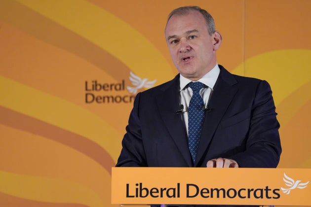 Lib Dem leader Sir Ed Davey gives his keynote address at One Canada Square in east London for the party's...