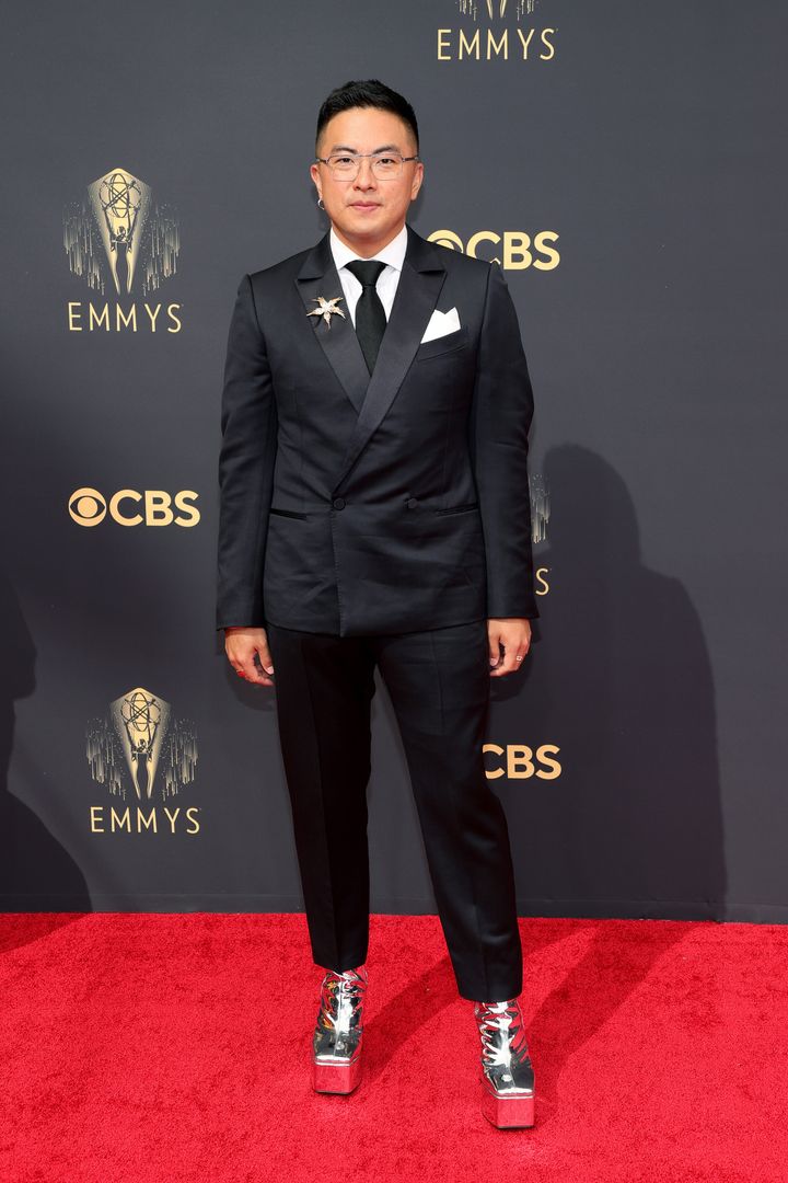 It's all about the shoes for "Saturday Night Live" comedian Bowen Yang as he arrives for the 73rd Primetime Emmy Awards at L.A. Live on Sunday in Los Angeles.