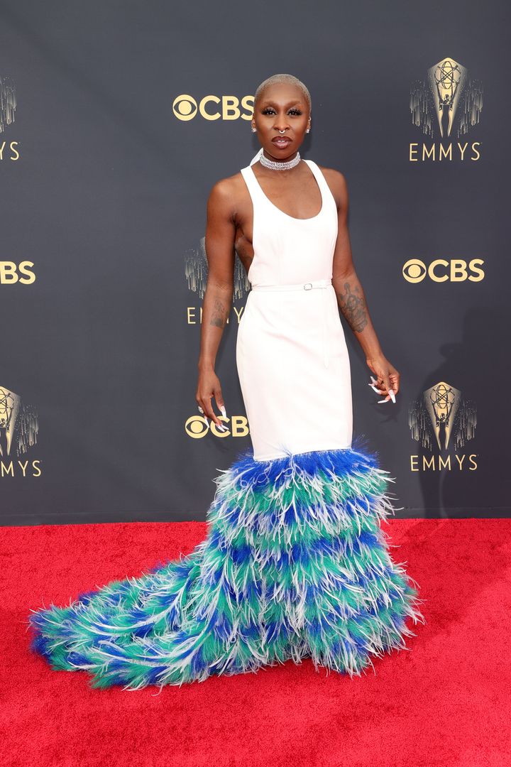 Cynthia Erivo walks the red carpet at the 73rd Primetime Emmy Awards at L.A. Live on Sunday in Los Angeles.