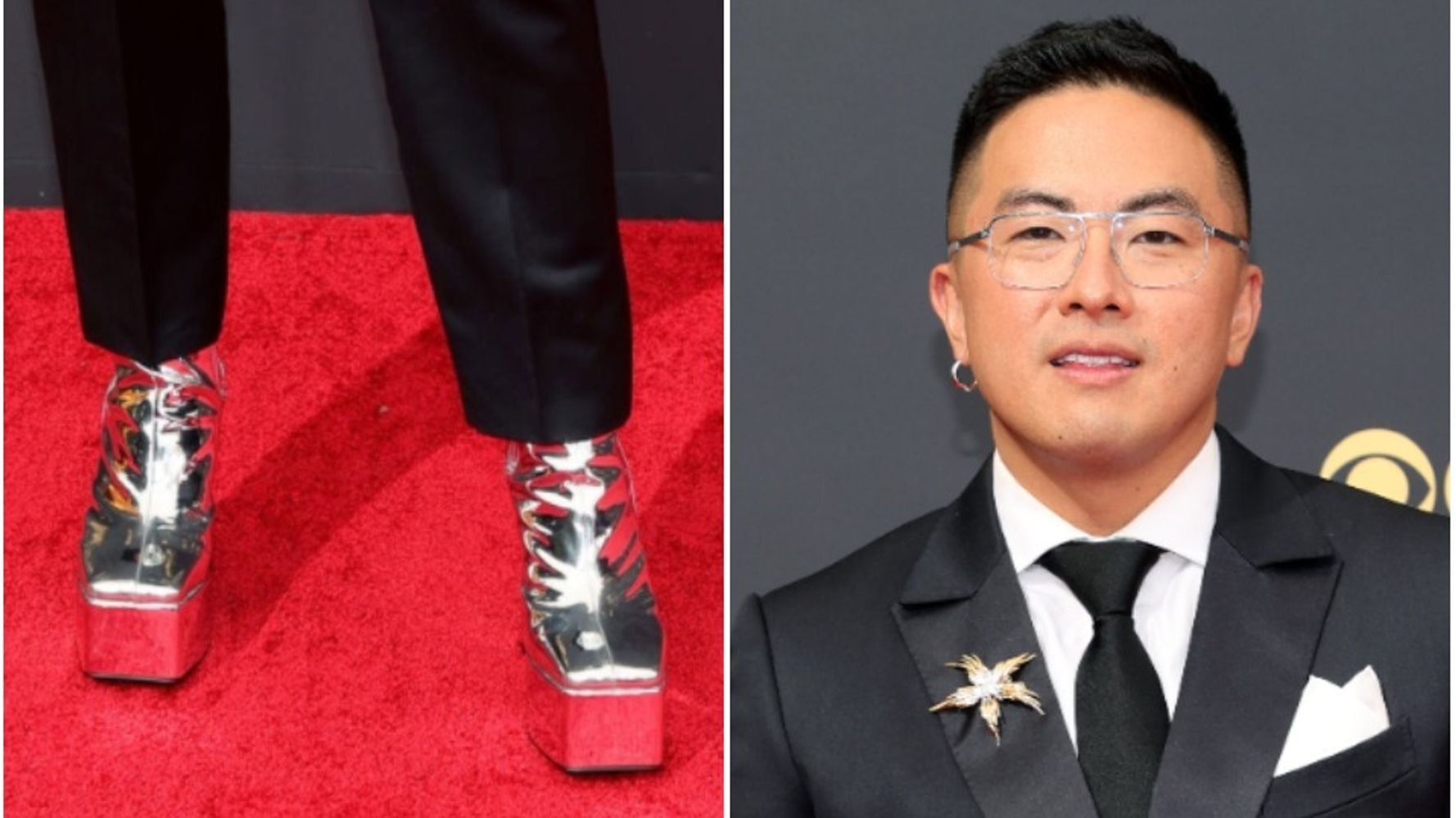 Bowen Yang Sparkles On Emmys Red Carpet In Silver Platform Heels