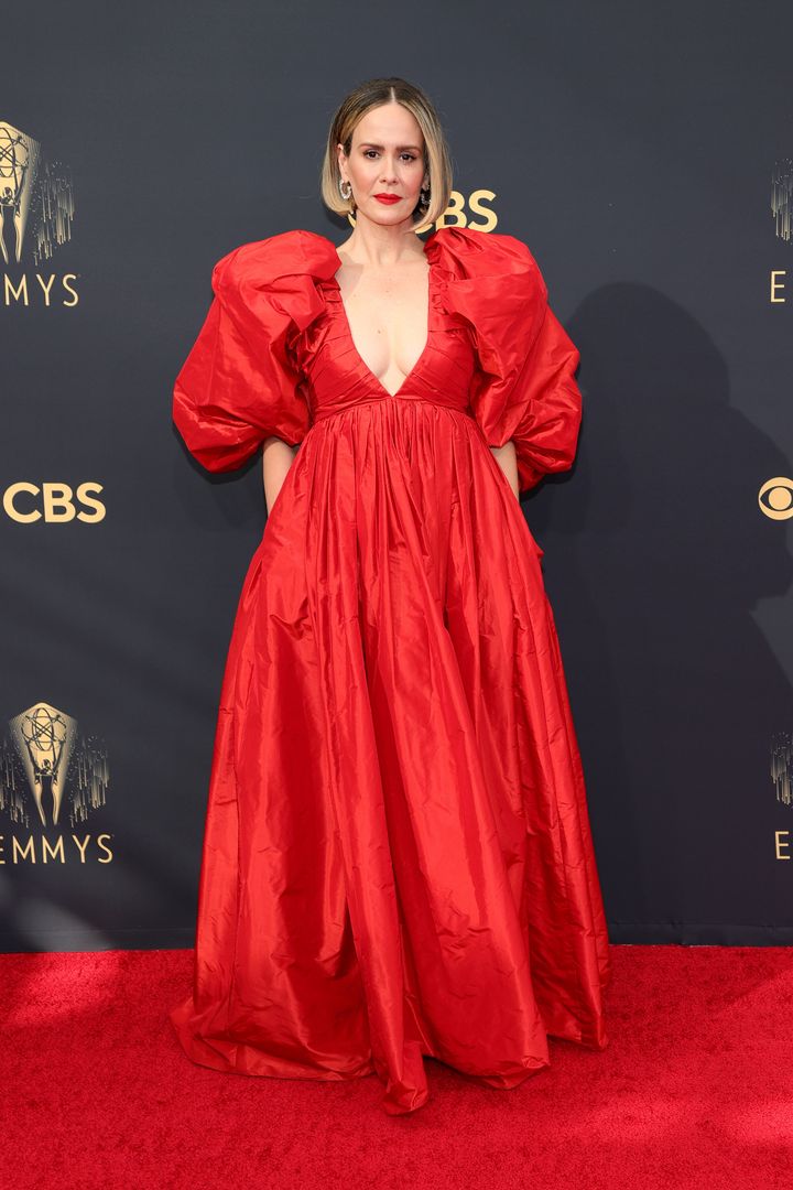 Sarah Paulson arrives in red on red at the 73rd Primetime Emmy Awards at L.A. Live on Sunday in Los Angeles.