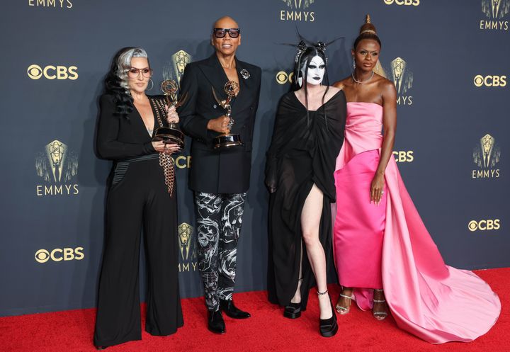 (Left to right) Michelle Visage, RuPaul, Gottmik and Symone, winners of the Outstanding Competition Program award for RuPaul's Drag Race, pose in the press room during the 73rd Primetime Emmy Awards.