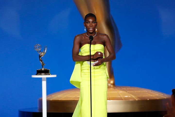 Michaela Coel collecting her award at the 73RD EMMY AWARDS