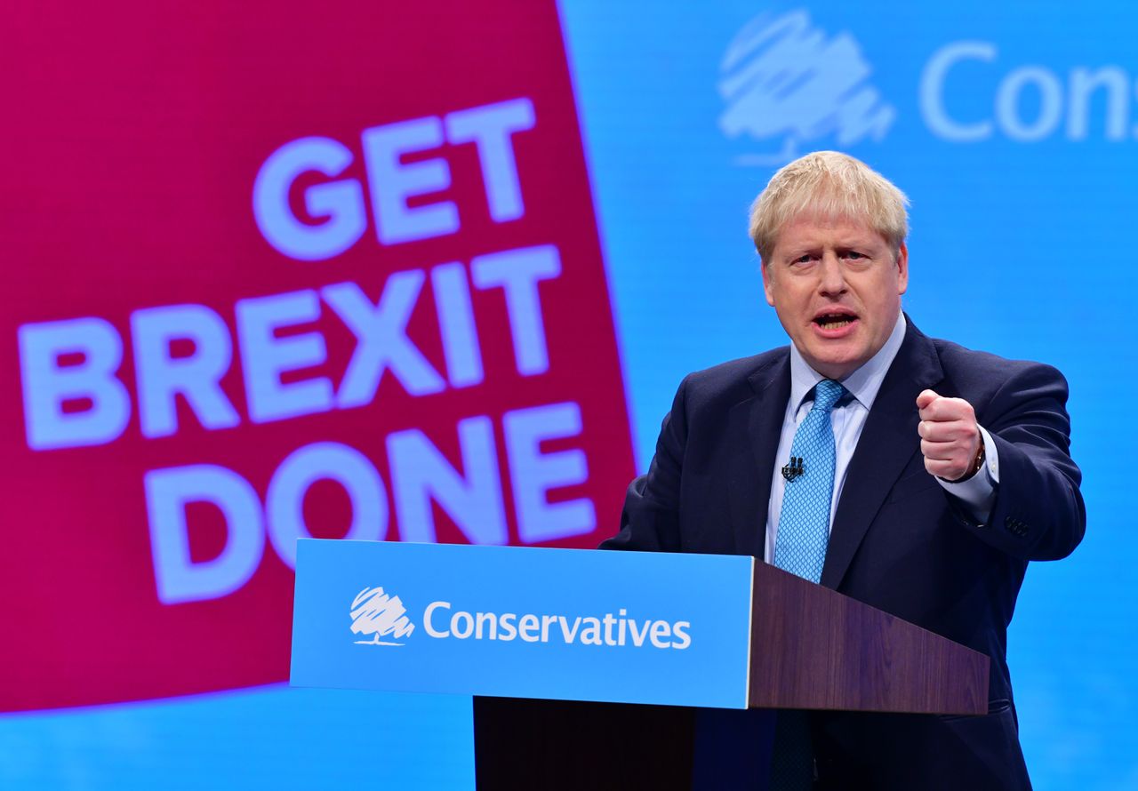 Prime Minister Boris Johnson delivering his keynote speech to the Conservative Party conference in 2019.