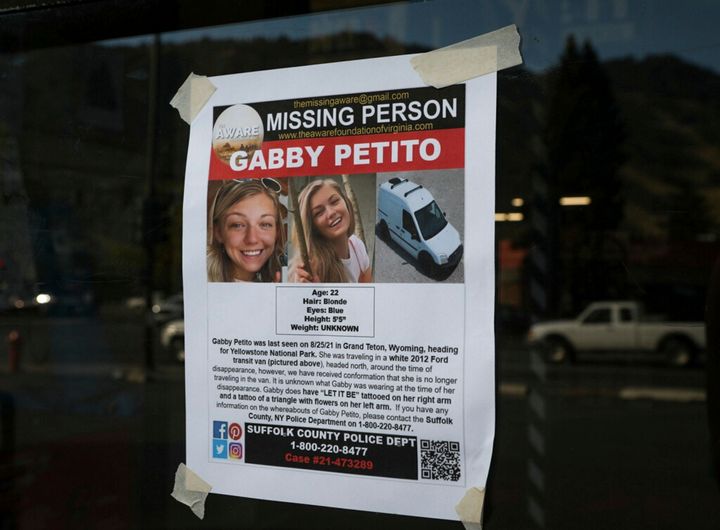 A missing person poster is seen for Petito in Jackson, Wyoming. Petito vanished while on a cross-country trip in a converted 