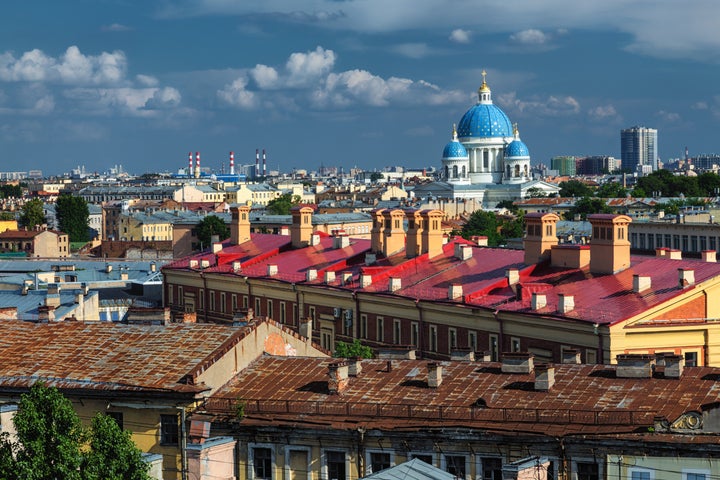 Skyline of sunny St. Petersburg with Troitsky cathedral in the background