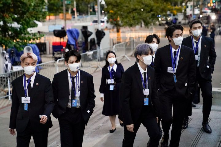 Members of BTS arrive at United Nations headquarters during the 76th Session of the UN General Assembly in New York City.