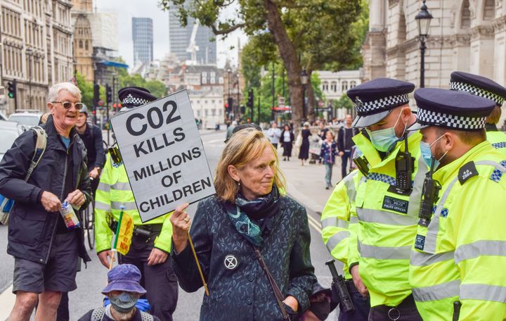  A climate change protester holding a placard which says 'CO2 Kills Millions of Children' in August