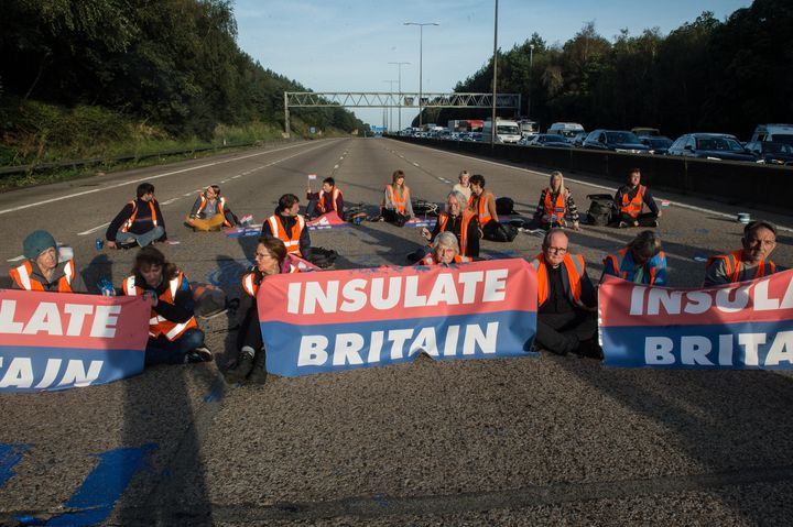 Protestors from Insulate Britain block the M25 motorway.