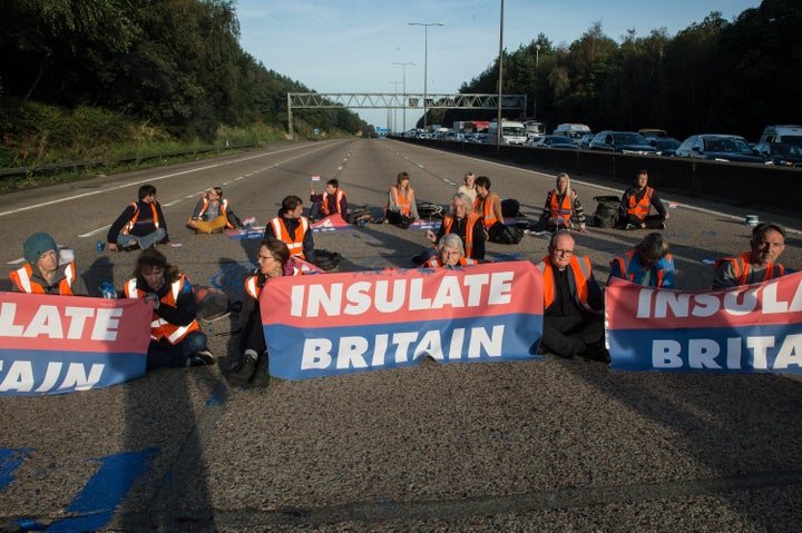 Protestors from Insulate Britain block the M25 motorway.