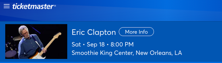 Eric Clapton show listing on Ticketmaster.