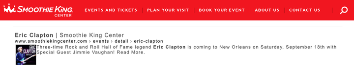 Eric Clapton show listing on Smoothie King Center’s website.