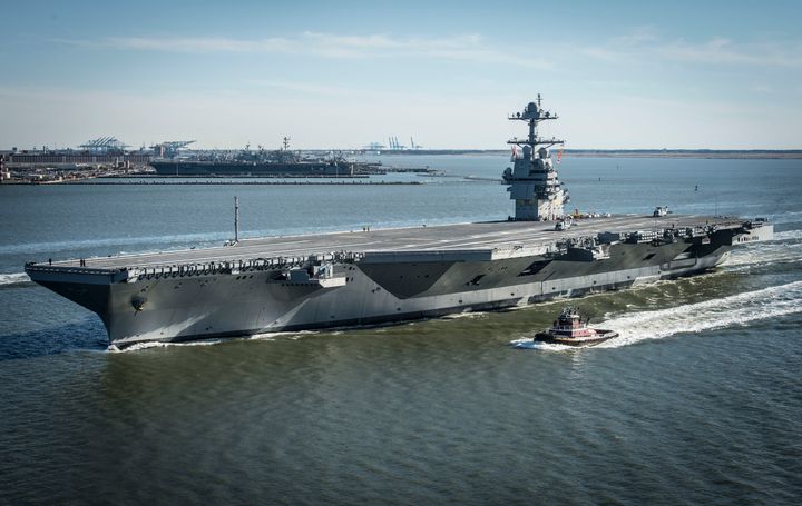 In this handout photo provided by the U.S. Navy, the future USS Gerald R. Ford is seen underway on its own power for the first time in 2017 in Newport News, Virginia. The first new U.S. aircraft carrier design in 40 years will likely end up costing well over $12 billion.