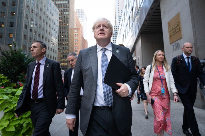 Boris Johnson walks to a television interview in New York whilst attending the United Nations General Assembly.