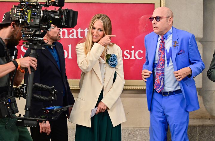 Sarah Jessica Parker and Willie Garson seen on the set of And Just Like That... the follow up series to Sex and the City at the Lyceum Theater on July 24, 2021 in New York City. (Photo by James Devaney/GC Images)