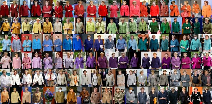 To κολάζ δείχνει τη Γερμανίδα Καγκελάριο Άνγκελα Μέρκελ να φοράει σακάκια διαφορετικών χρωμάτων. Είναι μια αναδρομή στην 16χρονη θητεία της Άνγκελα Μέρκελ ως καγκελαρίου της Γερμανίας ενόψει των επερχόμενων εκλογών στις οποίες δεν θα είναι πλέον υποψήφια.