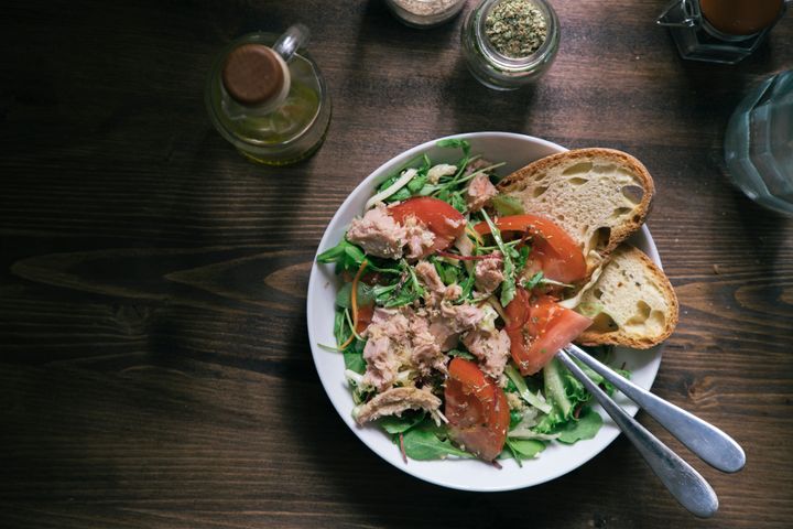 This salad gets a big nutrition boost from tuna (protein) and bread (carbs).