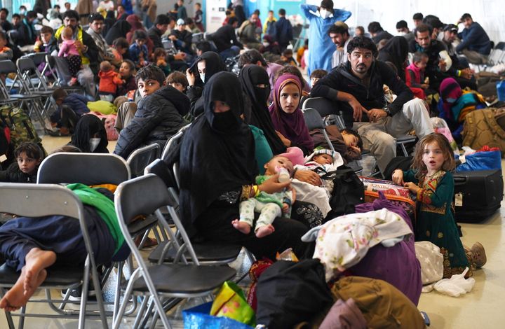 Afghan refugees are processed inside Hangar 5 at Ramstein Air Base in Germany on Sept. 8, 2021.