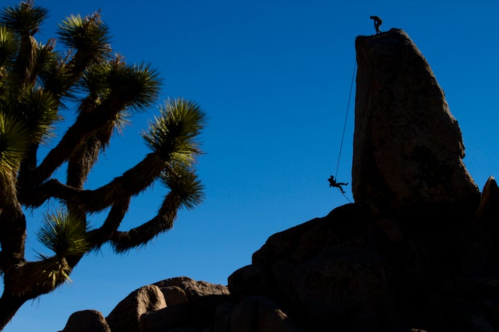 A climber rappels off Headstone Rock in Joshua Tree National Park, California.